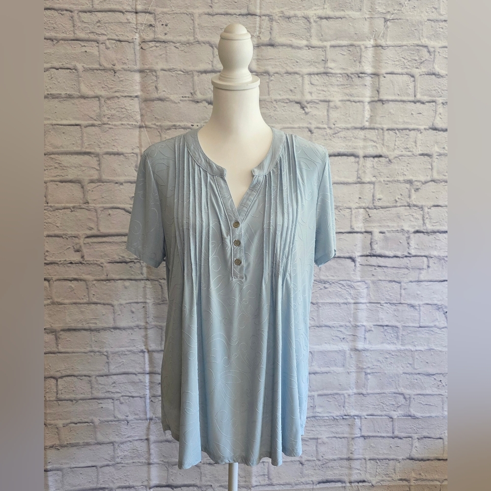 Notations Blue Short Sleeve Pleated Polo Blouse